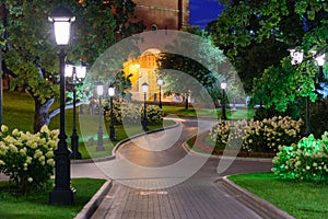 Night view of a path in Alexandrovsky Garden