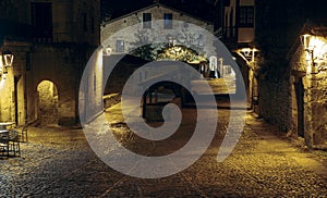 Night view without people in the beautiful and tourist medieval Spanish town of Santillana del Mar in Cantabria
