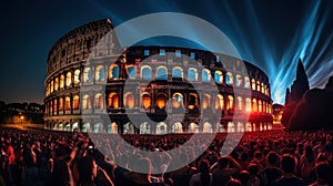 night view of people cheering in colosseum in rome generative AI