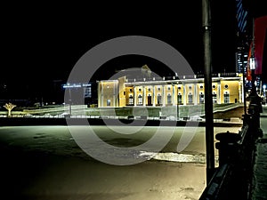 night view of the Philharmonic Hall in winter in Chelyabinsk