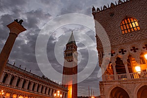 Night view of piazza San Marco, Doge`s Palace Palazzo Ducale in Venice, Italy
