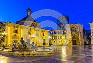 Night view of Plaza de la Virgen in Valencia, Spain