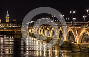 Night view of Pont de pierre in Bordeaux - Aquitaine, France