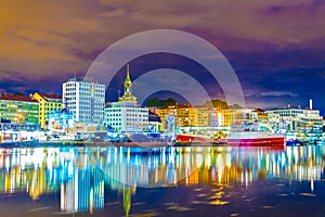 Night view of a port in the norwegian city Bergen....IMAGE