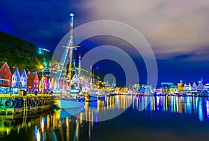 Night view of a port in the norwegian city Bergen....IMAGE