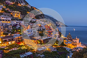 Night view of Positano village at Amalfi Coast, Italy