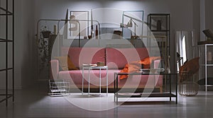 Night view of powder pink sofa with orange pillow and blanket in the middle of art collector`s apartment full of metal shelves