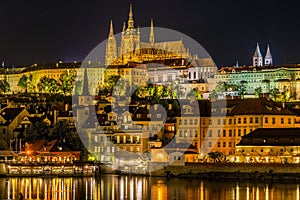 Night View of Prague castle, the largest coherent castle complex in the world, with the reflection on Vltava river