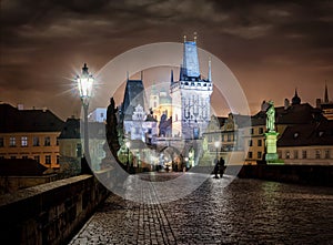 Night view of Prague, Czech Republic, from the famous Charles Bridge to the Lesser town