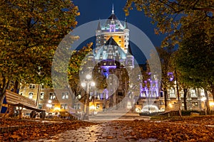 Night view of the Quebec City Old Town in autumn. Place d Armes.