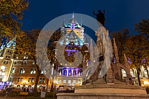 Night view of the Quebec City Old Town in autumn. Place d Armes.