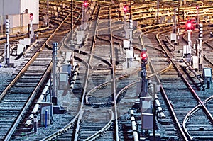 Night view of rail tracks in depot