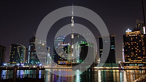 Night view with reflection Business Bay Dubai time-lapse