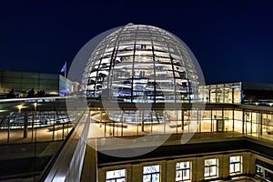 Night view of Reichstag Dome, Parliament building in Berlin, Germany, Europe