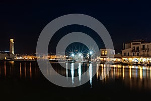 Night view of Rethymno town harbor at Crete island, Greece