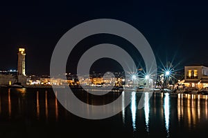 Night view of Rethymno town harbor at Crete island, Greece