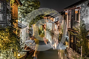 Night view of rivers and architecture in Zhouzhuang