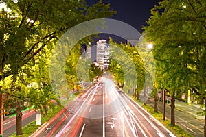 Night view and road to JR Central Towers at Nagoya station