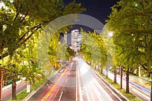 Night view and road to JR Central Towers at Nagoya station