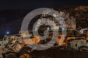 Night view of the rock church of Santa Maria De Idris, Matera, B