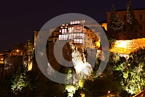 Night view on rocky river bank Jucar in Cuenca. Castilla-La Manc photo