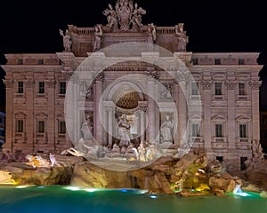 Night view of Rome Trevi Fountain Fontana di Trevi in Rome, Italy. Trevi is most famous fountain of Rome. Architecture and