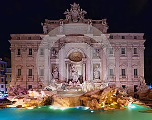 Night view of Rome Trevi Fountain Fontana di Trevi in Rome, Italy. Trevi is most famous fountain of Rome. Architecture and