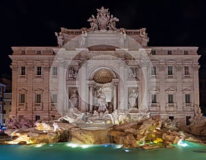 Night view of Rome Trevi Fountain Fontana di Trevi in Rome, Italy. Trevi is most famous fountain of Rome. Architecture and