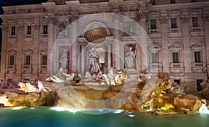 Night view of Rome Trevi Fountain Fontana di Trevi in Rome, Italy. Trevi is most famous fountain of Rome. Architecture and