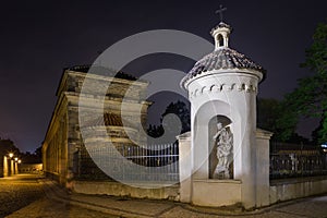 Night view of the rotunda of saint martin inside of the grounds of vysehrad castle in Prague.