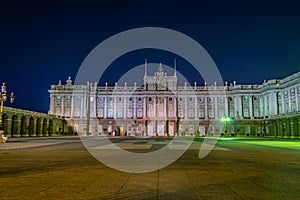 Night view of Royal Palace called Palazio Real in Madrid, Spain