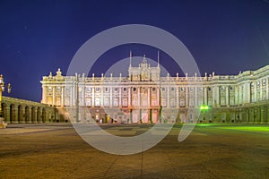 Night view of Royal Palace called Palazio Real in Madrid, Spain