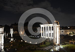 Night view of the ruins of the Roman Forum in Rome