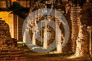 Night view of the ruins of thermae of ancient Roman Odessos in the light of searchlights, in the city of Varna