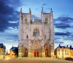 Night view on the saint Pierre cathedral in Nantes city in France