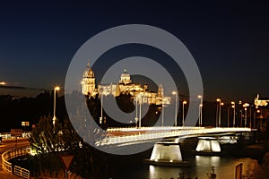 Night view on Salamanca with Bridge and Cathedral photo