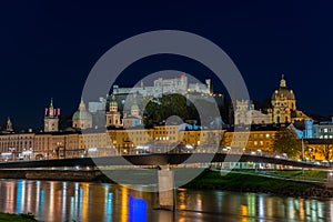 Night view of Salzburg old town, Austria