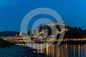 Night view of Salzburg old town, Austria