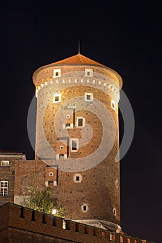 Night view of sandomierska tower on wawel royal castle in cracow in poland