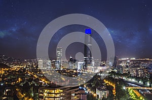 Night view of Santiago de Chile toward the east part of the city, showing the Mapocho river and Providencia and Las Condes distric