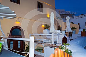 Night view of Santorini island clifftop white architecture Imerovigli Greece