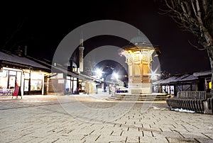 Night view of the Sebilj, wooden fountain in Sarajevo