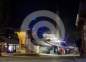 Night view of the Sebilj, wooden fountain in Sarajevo