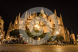 Night view of segovia Cathedral with the only illumination of streetlights, in autonomous region of Castile and Leon.  Declared photo