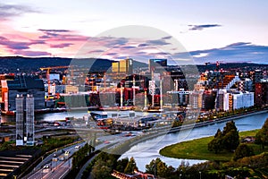 A night view of Sentrum area of Oslo, Norway, with Barcode buildings