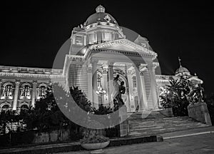 Night view of the Serbian National Assembly b&w photography