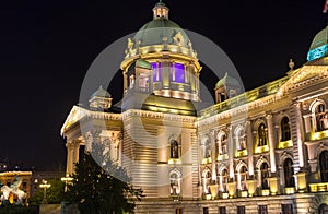 Night view of the Serbian National Assembly