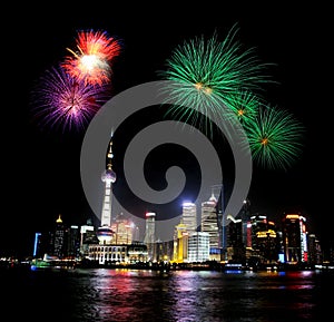 Night view at shanghai tower and firework, China