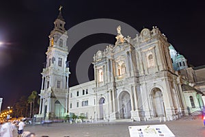 Night view of the Shrine of Our Lady of the Rosary cathedral from Pompeii