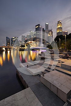 Night View of Singapore CBD Skyline and Singapore River during blue hour